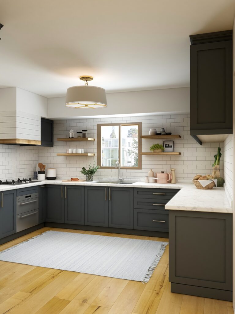Foto de uma cozinha grande, com armários escuros e um grande tapete em sua área central.